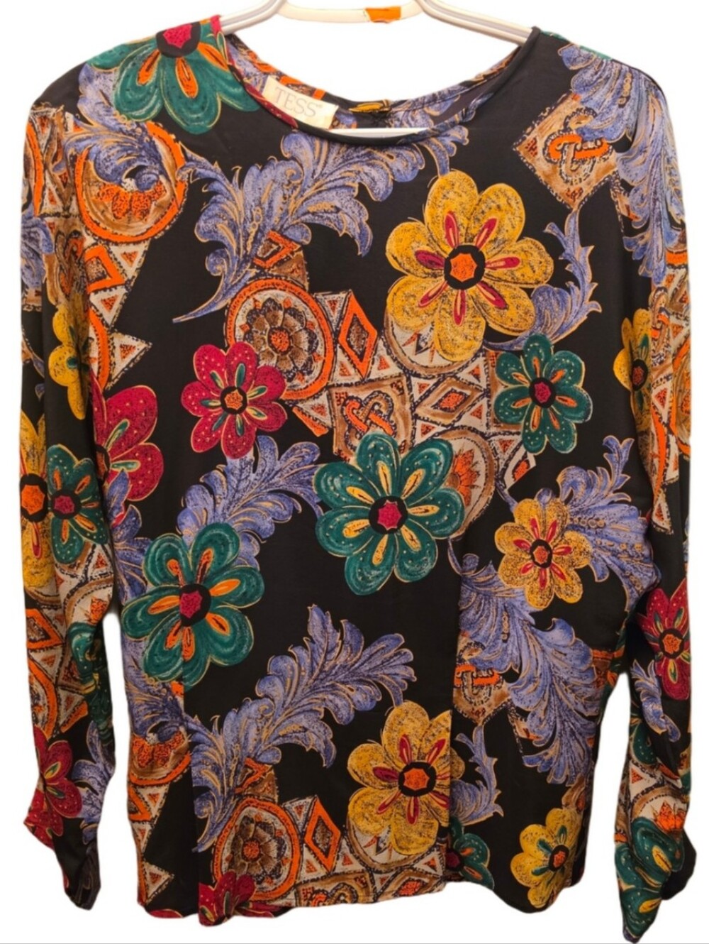 Vintage 90s 100% Silk Floral Baroque Print Blouse TESS Colorful Boho Top